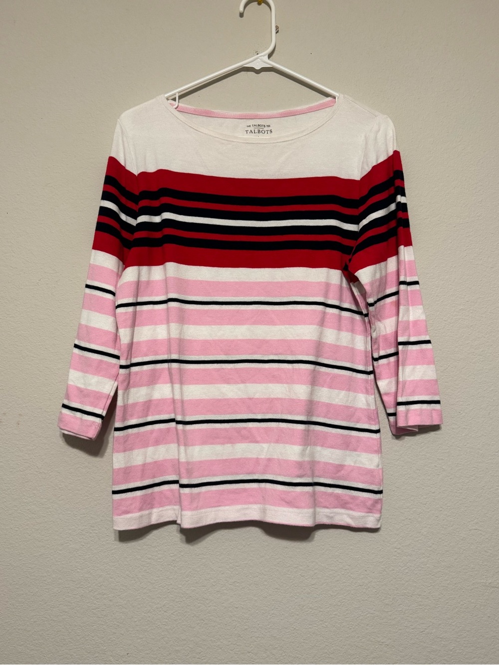 Talbots Pink, Red & Black Striped Long Sleeve Boatneck Top